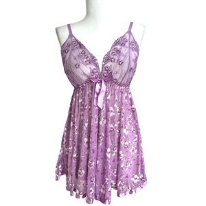 Y2K Lace Floral Babydoll Tank Top L Mesh Purple Fairy Grunge Coquette Festival